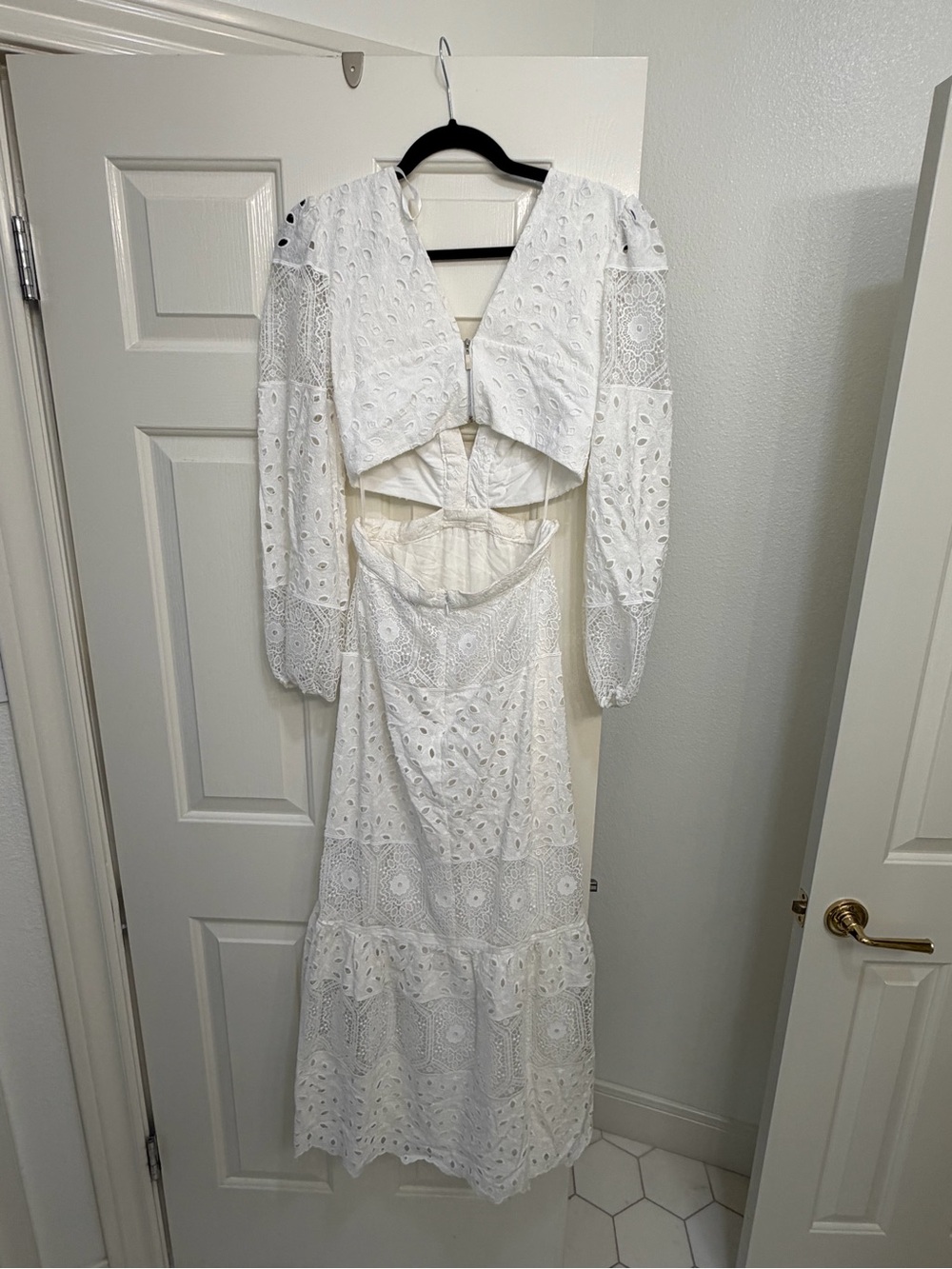 Gianni Bini White Eyelet Long-Sleeve Maxi Dress with Cutout Waist